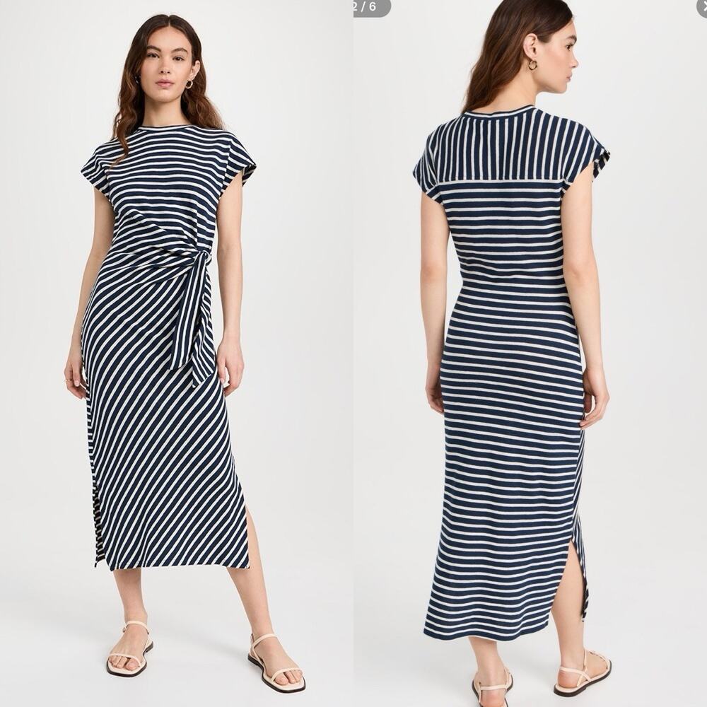 Apiece Apart Dress Vanina Nautical Coastal Cinched 100% Cotton Midi Dress L